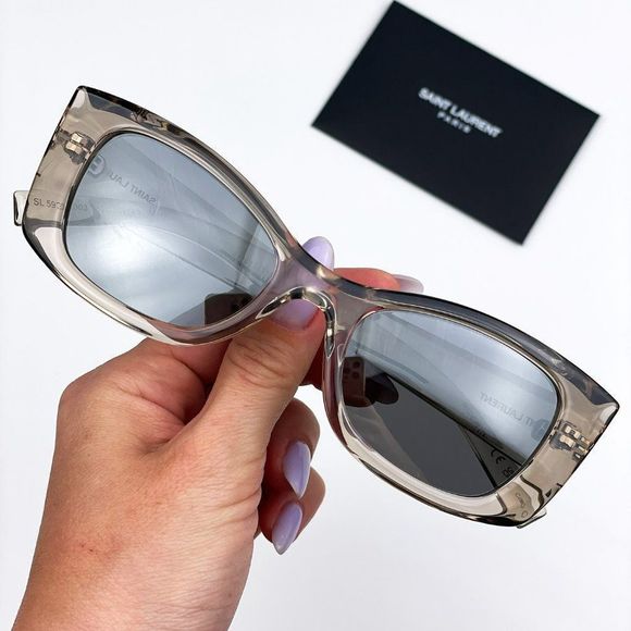 Saint Laurent SL593 003 Sunglasses Beige Grey Silver Square Unisex - Picture 1 of 12